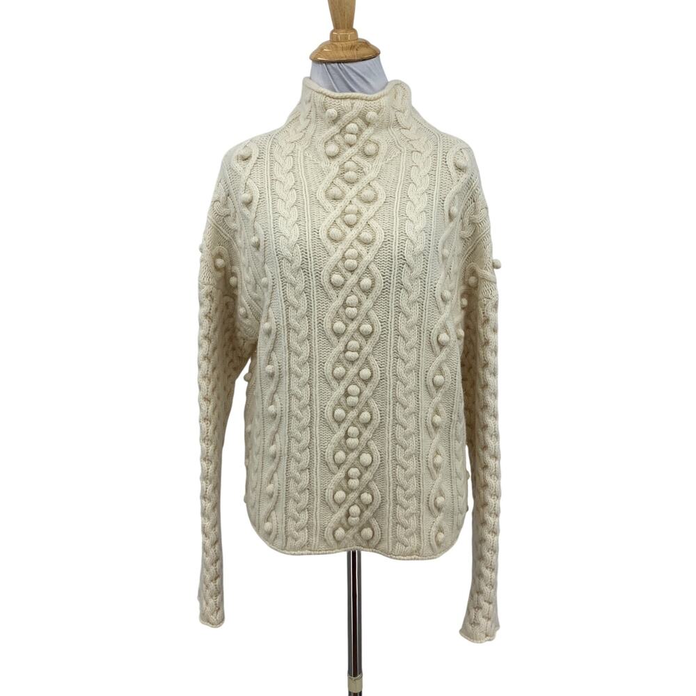 Theory Sweater Womens Petite Ivory Mixed Cable Knit Pom Poms Turtleneck Pullover